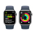 Apple Watch Series 9 GPS + Cellular 45mm Silver Stainless Steel Case with Storm Blue Sport Band - S/M - iBite Nitra G7