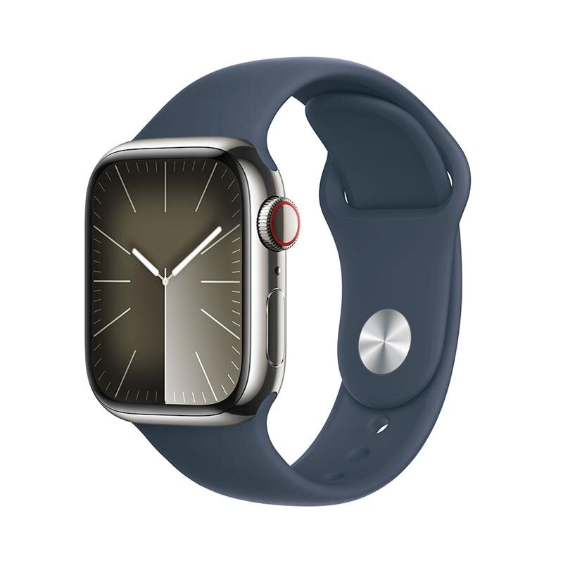 Apple Watch Series 9 GPS + Cellular 41mm Silver Stainless Steel Case with Storm Blue Sport Band - S/M