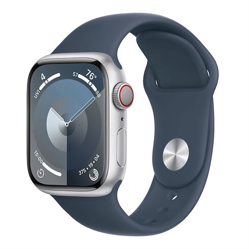 Apple Watch Series 9 GPS + Cellular 45mm Silver Aluminium Case with Storm Blue Sport Band - M/L